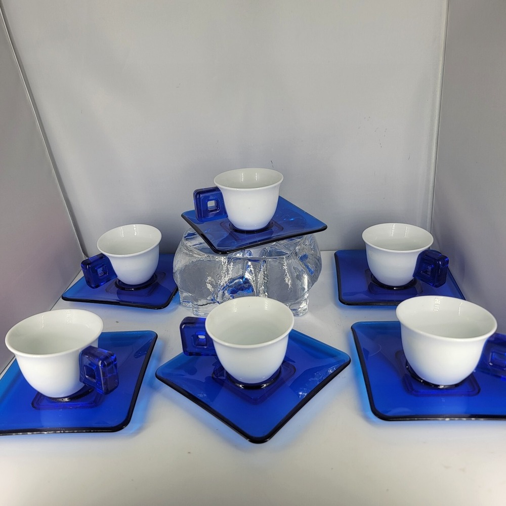 Omada Italy Espresso Cups‎  Plates Porcelain & Acrylic Cobalt Blue 6 Sets